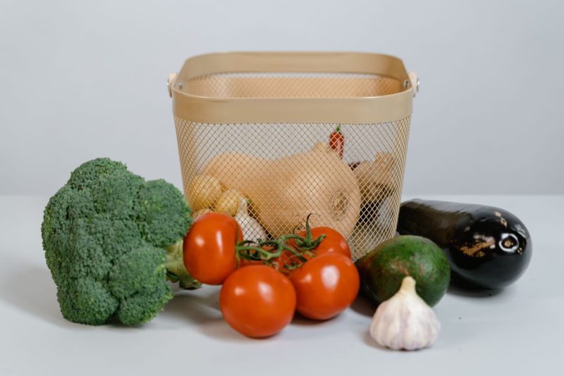 Basket of groceries on a kitchen bench